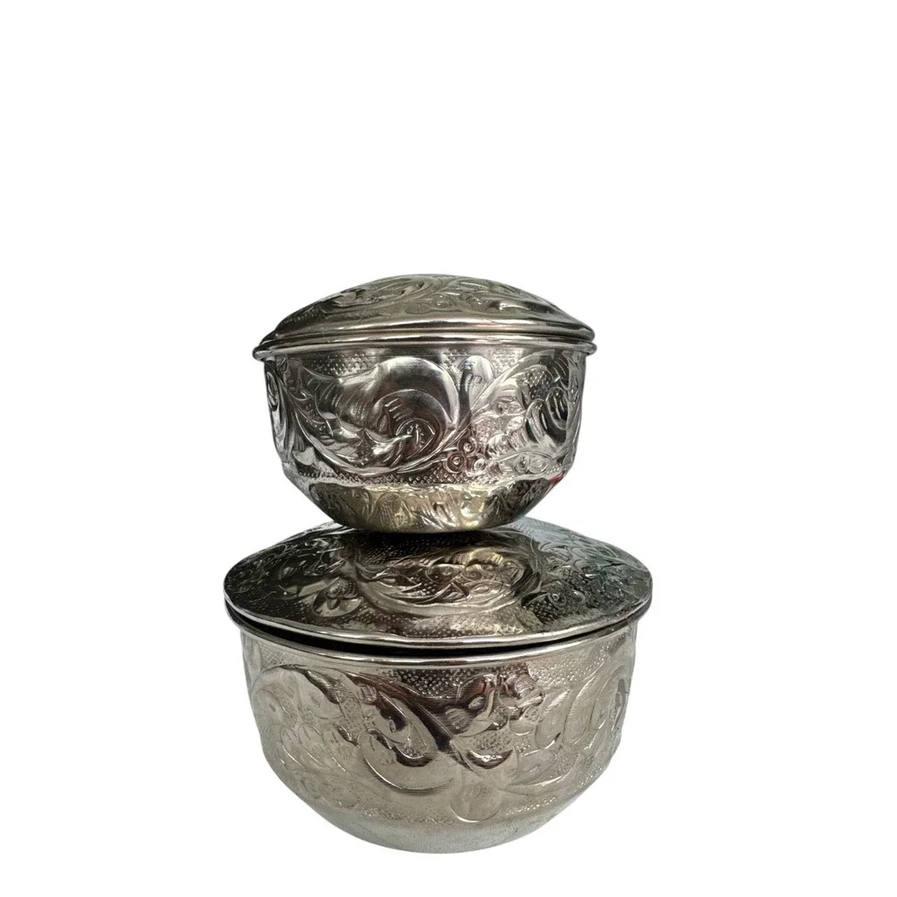 Set Of 2 Vintage Thai Aluminum Bowl Lid Home Ceremonial Betel Nuts Food Trinkets